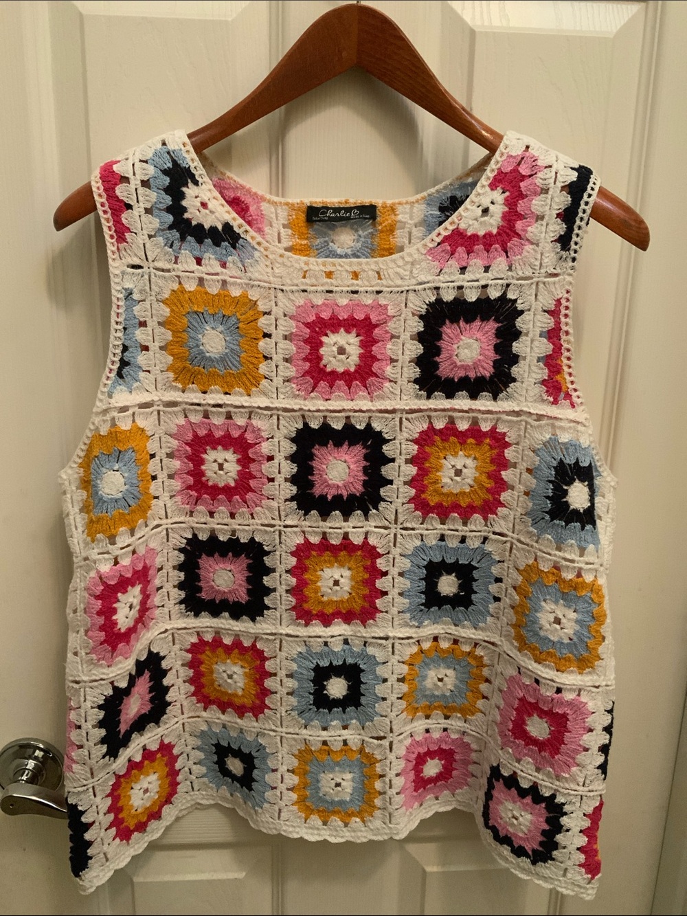 CHARLIE B Crocheted Granny Square Tank Top Vest Multicolored